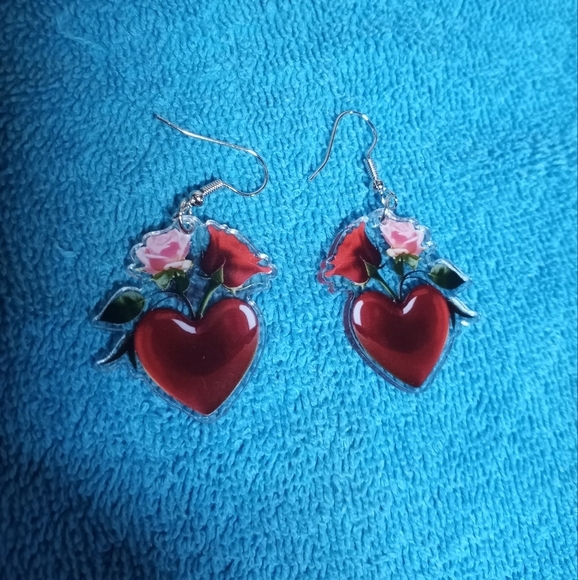 Heart and Rose Earrings - Red and Pink - Picture 1 of 3